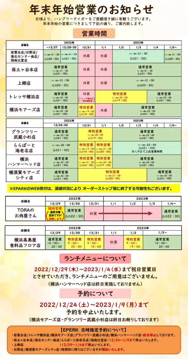 年末年始の営業体制について 横浜のハンバーグ ステーキレストラン ハングリータイガー